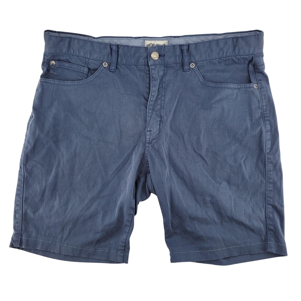 Peter Millar Chino Shorts Mens 35 Blue Flat Front Casual‎ Stretch Cotton